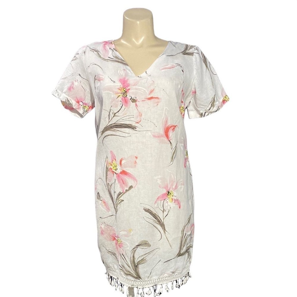 Peck & Peck L Shift‎ Dress White Multicolor Watercolor Flowers Fringe Hem Linen